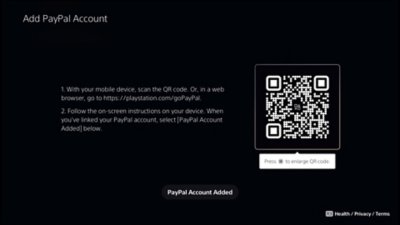 Obrazovka Přidejte účet PayPal na konzoli PS5 včetně QR kódu.