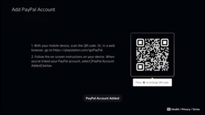 PS5 Add PayPal Account screen, including a QR code.