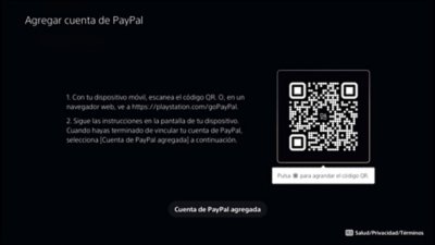 Pantalla Agregar cuenta de PayPal en PS5, que incluye un código QR.