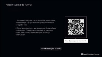 Pantalla Añadir cuenta de PayPal en PS5, con código QR incluido.