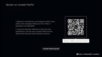 Écran d'ajout d'un compte PayPal sur PS5 avec un code QR.