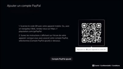 Écran d'ajout d'un compte PayPal sur PS5 avec un code QR.