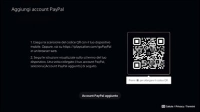 Schermata Aggiungi account PayPal di PS5, incluso un codice QR.