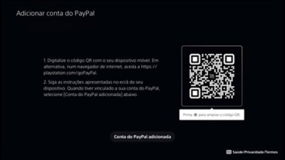 Ecrã "Adicionar conta do PayPal" da PS5, incluindo um código QR.