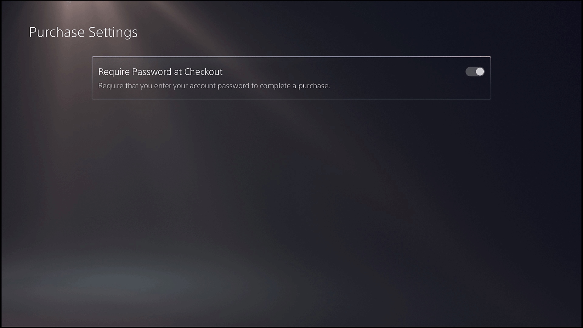 Skærmen Indstillinger for køb på PS5 med valgmuligheden Kræv adgangskode ved betaling