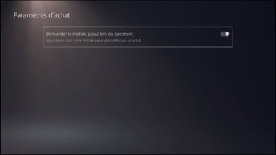 Écran Paramètres d'achat sur PS5 affichant l'option Demander le mot de passe lors du paiement