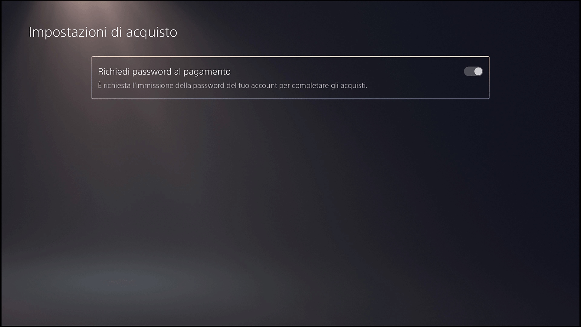 Schermata Impostazioni di acquisto di PS5 con opzione Richiedi password al pagamento