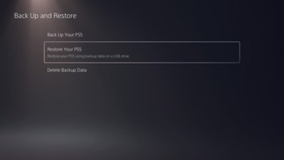 A PS5 Biztonsági másolat készítése és visszaállítás képernyője, ki van emelve A PS5 adatainak visszaállítása lehetőség.