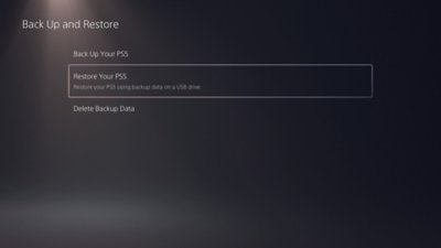 Écran Sauvegarder et restaurer de la PS5, avec l’option Restaurer votre PS5 en surbrillance.