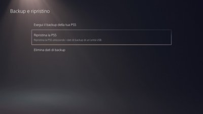 Schermata Backup e ripristino di PS5 con l'opzione Ripristina la PS5 evidenziata.