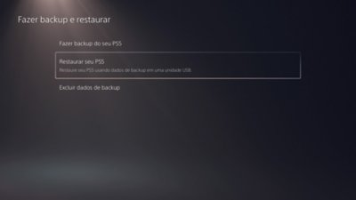 Tela Fazer backup e restaurar do PS5, com a opção Restaurar seu PS5 destacada.