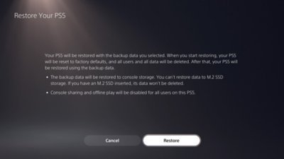 A PS5 A PS5 adatainak visszaállítása képernyője, láthatók a visszaállítási művelet megszakításához és megerősítéséhez használható gombok.