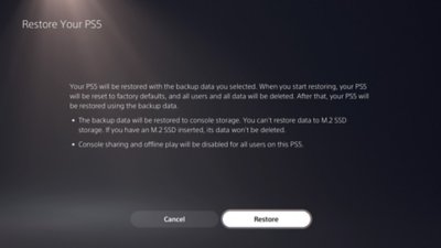 Écran Restaurer votre PS5 de la PS5, comprenant les boutons pour annuler ou confirmer la restauration.