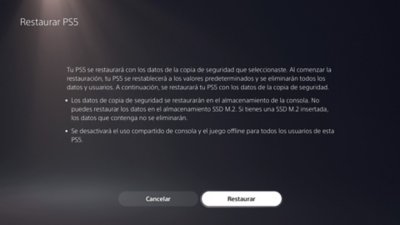 PS5 Pantalla de Restaurar PS5 incluidos los botones para cancelar o confirmar la acción de restauración.