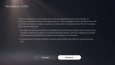 Pantalla Restablecer tu PS5 con botones para cancelar o confirmar la acción de restauración.