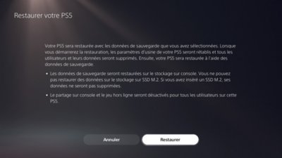 Écran Restaurer votre PS5 faisant apparaître les touches permettant d'annuler ou de confirmer l'opération.