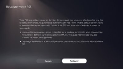 Écran Restaurer votre PS5 faisant apparaître les touches permettant d'annuler ou de confirmer l'opération.