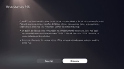 Tela Restaurar seu PS5, incluindo botões para cancelar ou confirmar a ação de restauração.