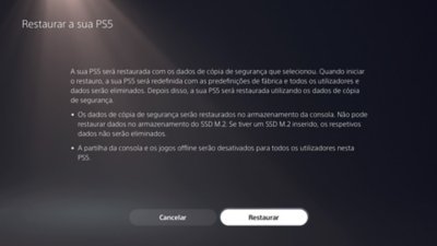 O ecrã Restaurar a sua PS5 da PS5 inclui botões para cancelar ou confirmar a ação de restauro.