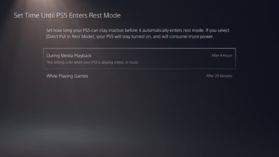 "Set Time Until PS5 Enters Rest Mode" screen, with option "During Media Playback - After 4 Hours" option highlighted.