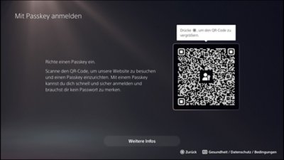 Bildschirm mit QR-Code nach Auswahl von "Mit Passkey anmelden" auf der PS5-Konsole.