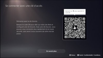 Écran s'ouvrant après la sélection de l'option "Se connecter avec une clé d'identification" sur console PS5 et affichant le code QR.