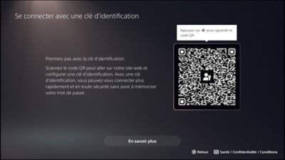 Écran s'ouvrant après la sélection de l'option "Se connecter avec une clé d'identification" sur console PS5 et affichant le code QR.