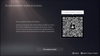 Schermata che mostra il codice QR dopo aver selezionato "Accedi mediante chiave di accesso" su console PS5.