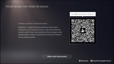 Ecrã depois de selecionar "Iniciar sessão com chave de acesso" na consola PS5, que mostra o código QR.