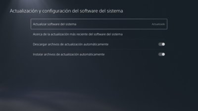 Pantalla Actualización y configuración del software del sistema de PS5 con Actualizar software del sistema destacado.