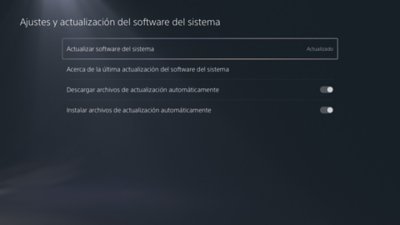 Pantalla Ajustes y actualización del software del sistema de PS5 con la opción Actualizar software del sistema resaltada.