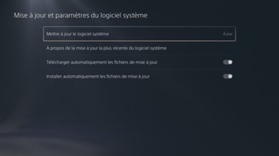Écran Paramètres et mise à jour du logiciel système PS5. L'option Mettre à jour le logiciel système est en surbrillance.