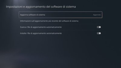 Schermata Impostazioni e aggiornamento del software di sistema di PS5 con l'opzione di aggiornamento Aggiornamento software di sistema evidenziata.