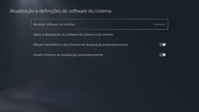 Ecrã "Atualização e definições do software do sistema da PS5" com a opção "Atualização do software do sistema" destacada.