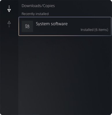 PS5 Downloads/Copies screen with a recently installed System Software version highlighted.