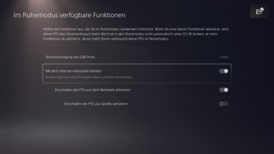PS5-Bildschirm "Im Ruhemodus verfügbare Funktionen" mit der hervorgehobenen und aktivierten Option "Mit dem Internet verbunden bleiben".