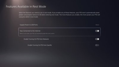 PS5 Features Available in Rest Mode screen with Stay Connected to the Internet option highlighted and toggled on.