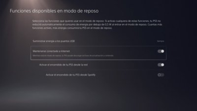 Pantalla de las funciones de PS5 disponibles en modo de reposo con la opción Mantenerse conectado a Internet resaltada y activada.