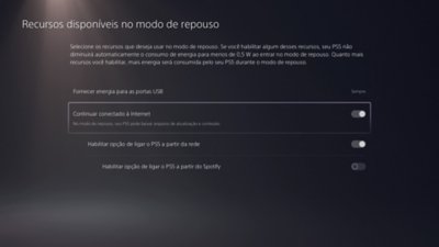 Recursos do PS5 Disponíveis na tela Modo de repouso com a opção Permanecer conectado à Internet destacada e ativada.