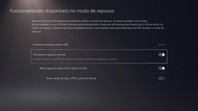 Ecrã Funcionalidades disponíveis no modo de repouso da PS5 com a opção Permanecer ligado à Internet realçada e ativa.
