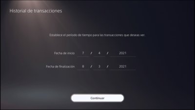 Pantalla Historial de transacciones de PS5