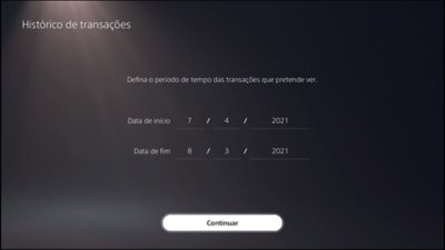 Ecrã do histórico de transações da PS5