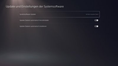 PS5-Bildschirm "Update und Einstellungen der Systemsoftware" mit hervorgehobener Option "Systemsoftware-Update" und der Nachricht "Auf dem neuesten Stand".