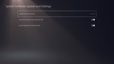 PS5 System Software Update and Settings screen with Update System Software option highlighted, and the message "Up to date".