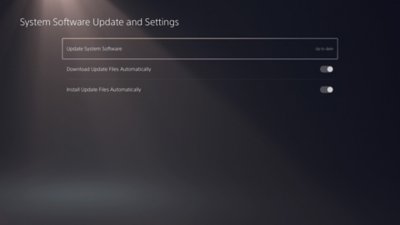 Écran de la PS5 Mise à jour et paramètres du logiciel système avec l’option Mettre à jour le logiciel système en surbrillance et le message « À jour ».