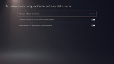 Pantalla de configuración y actualización del software del sistema de PS5 con la opción Actualizar software del sistema resaltada y el mensaje “Actualizado”.