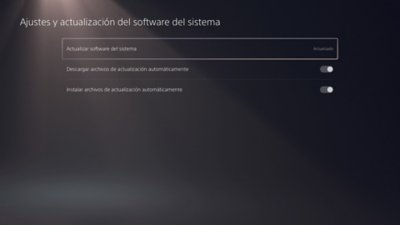 Pantalla Ajustes y actualización del software del sistema de PS5 con la opción Actualizar software del sistema resaltada y el mensaje "Actualizado".