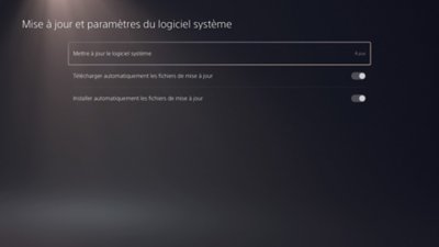 Écran Paramètres et mise à jour du logiciel système sur PS5. L'option Mettre à jour le logiciel système est en surbrillance et le message "À jour" s'affiche.