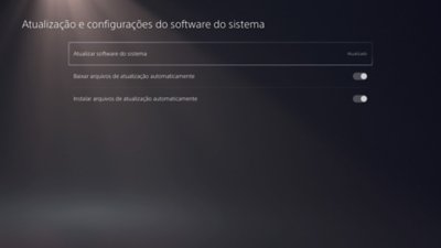 Tela Atualização e configurações do software do sistema do PS5 com a opção Atualizar o software do sistema realçada e a mensagem "Atualizado".