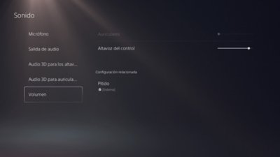 Pantalla Sonido de PS5 con Volumen destacado en el menú de la izquierda.